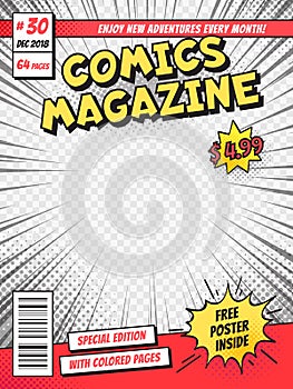 Comic book cover. Comics books title page, funny superhero magazine isolated vector template photo