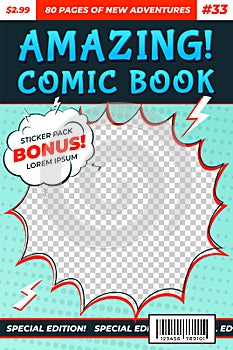 Comic book cover. Comics template, funny image magazine card. Cartoon superhero flyer title page, recent bubble boom