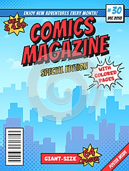 Comic book cover page. City superhero empty comics magazine covers layout, town buildings and vintage comic books vector template