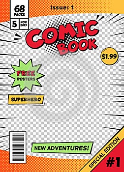 Comic book cover page template. Cartoon pop art comic book title poster, superhero comic book title page vector isolated