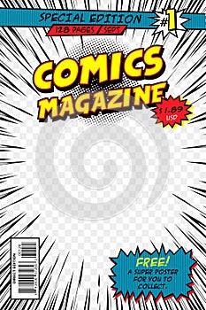 Comic book cover retro. Book title page, funny superhero magazine isolated vector template. Vector illustration.