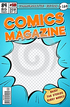 Comic book cover. Retro cartoon comics magazine. Vector template in pop art style