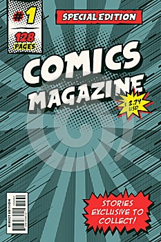 Comic book cover retro. Comic book book title page, funny superhero magazine isolated vector template. Vector illustration.