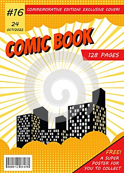 Comic book cover. Retro magazine template. Comic cartoon page vector illustration. Classic storyboard artwork