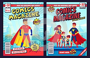 Comic book cover with super hero man and family characters. Retro magazine editable front page template
