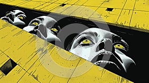 A comic book cover with three faces looking out of a hole, AI