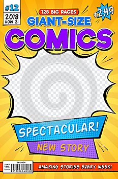Comic book cover. Vintage comics magazine layout. Cartoon title page vector template photo