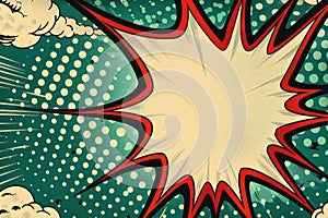 Comic Book Explosion Background, Pop Art Style, Green With White Dots And Clouds, Copy Space
