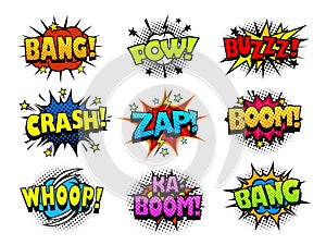 Comic book explosion sound effect bubbles, halftone print texture imitation