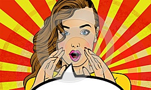 Comic book girl in pop art style. Emotional pretty woman trying to tell or announcing secret message. Beautiful lady