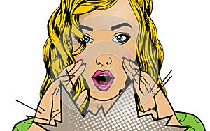 Comic book girl in pop art style. Emotional pretty woman trying to tell or announcing secret message. Beautiful lady