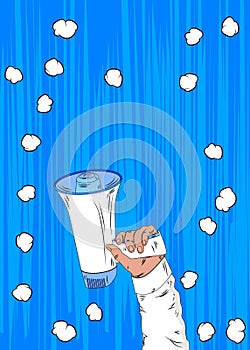 Comic book hand holding Megaphone. Cartoon illustration of a Loudspeaker.