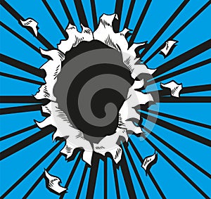 Comic book hole. Vector paper is torn through boom explosion. Circle hole in the middle on blue background. Comics style