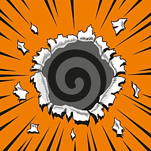 Comic book hole. Vector paper is torn through boom explosion. Circle hole in the middle on color background. Comic style