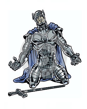 A comic book illustrated character with armor suit kneeling