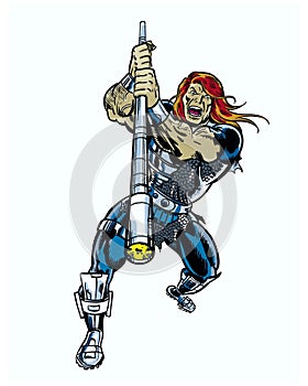 A comic book illustrated character with power staff attacking