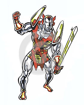 Comic book illustrated cosmic character with a sword in action pose