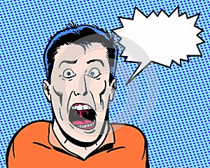 Comic book illustrated crazy character shouting with blue background