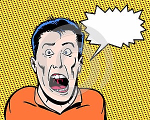 Comic book illustrated crazy character shouting with orange background