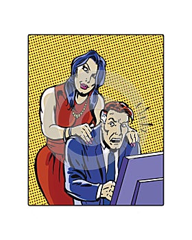 Comic book illustrated female workplace sexual harassment