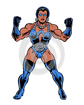 Comic book illustrated muscular woman flexing muscles