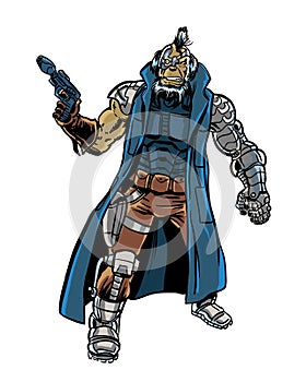 Comic book illustrated old assassin cyborg character