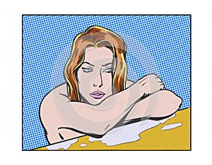 Comic book illustrated pop art poolside woman thinking