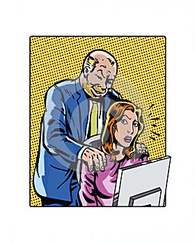 Comic book illustrated workplace sexual harassment hands