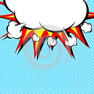 Comic book illustration with explosion on top.