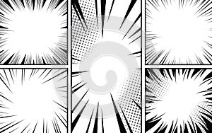 Comic book page background with radial effect. Black and white vector retro illustration