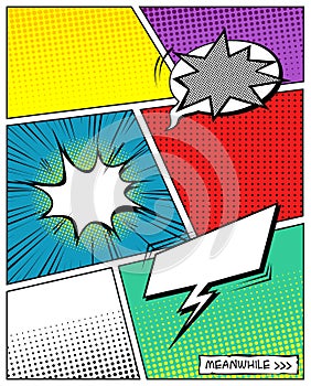 Comic book page. Book page colorful, funny superhero layout isolated vector template.