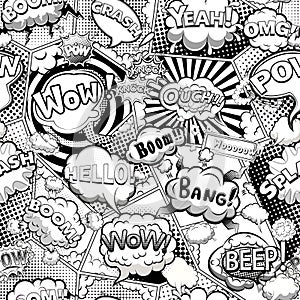 Comic book page divided by lines seamless pattern. Black and white background with speech bubbles.