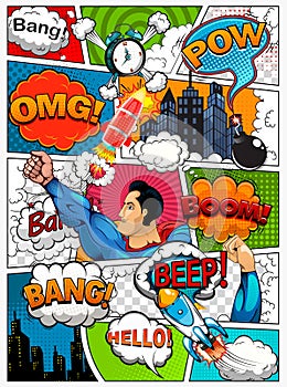 Comic book page divided by lines with speech bubbles, rocket, superhero and sounds effect. Retro background mock-up. Comics templa