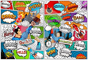 Comic book page template divided by lines with speech bubbles, rocket, superhero and sounds effect. Retro background mock-up. Vect