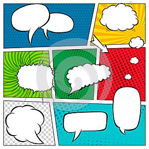 Comic book page template with halftone effect and speech bubbles. Background in pop-art style. Vector illustration