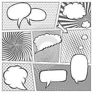 Comic book page template with halftone effect and speech bubbles. Background in pop-art style. Vector illustration in