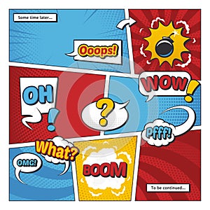 Comic book page vector template with cartoon elements and comic words in bubbles