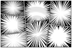 Comic book radial lines collection. Comics background with motion, speed lines. Vector illustration.