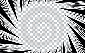 Comic book radial lines on transparent background. Manga speed frames, superhero action. Black and white vector retro illustration