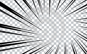 Comic book radial lines on transparent background. Manga speed frames, superhero action. Black and white vector retro illustration