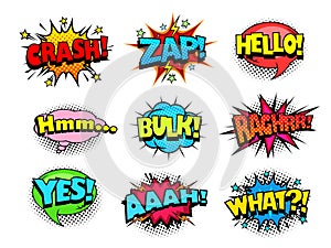 Comic book shouting expression sound effect, joy and cheers speech bubbles