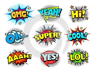 Comic book shouting sound effect, joy and cheers speech bubbles