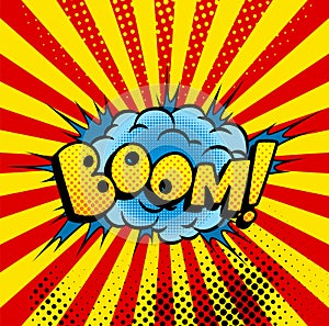 Comic book sound. Colored hand drawn speech bubble. Boom sound chat text effect in pop art style. Funny design vector