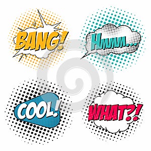 Comic book sound effect set, speech bubbles in pop art style. What, bang, hmm, cool