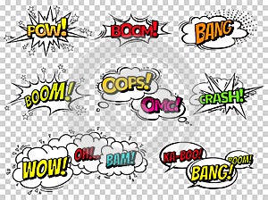 Comic book sound effect speech bubbles, expressions. Collection vector bubble icon speech phrase, cartoon exclusive font