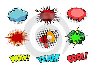 Comic book sound effect speech doodle bubbles, marveling and enjoying expressions