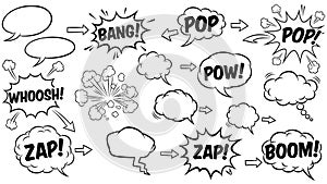 Comic Book Sound Effects and Speech Bubbles - Black and White Vector Elements