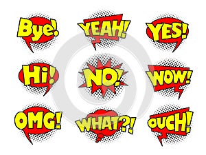 Comic book speech bubbles, cool action sound effect, halftone print texture imitation