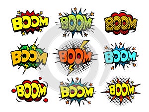 Comic book speech bubbles with halftone effect, crash and blast sounds