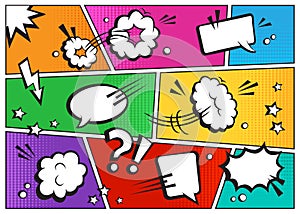 Comic book speech bubbles vector cartoon page template, retro clouds set on colorful halftone background, superhero balloons in